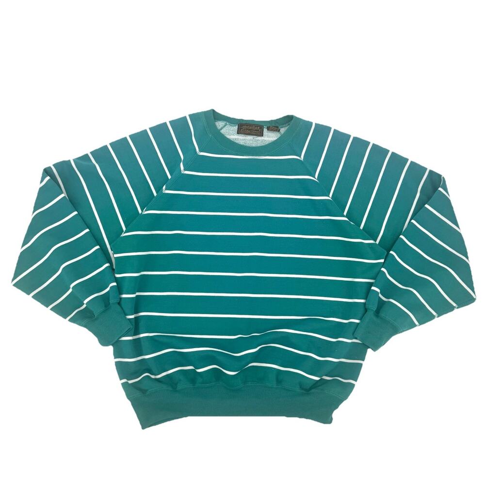 Eddie Bauer Women’s Sz. LARGE Teal White Striped Crewneck Sweatshirt Vintage 90s